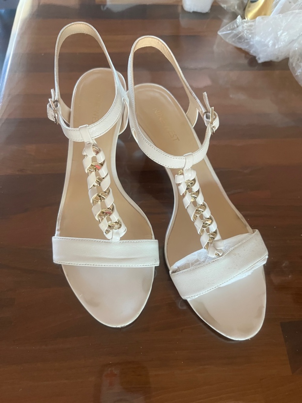 Nine West White Slingback Sandals with Gold Chain Accent
